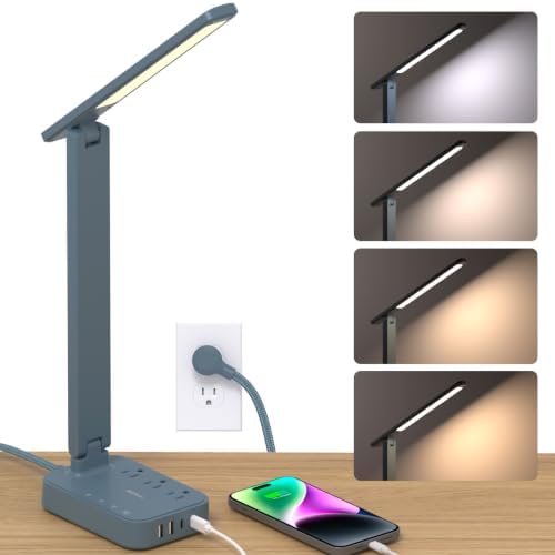 Addtam LED Desk Lamp, Power Strip with 3 Outlets 4 USB Charging Ports(2 USBC), 4 Modes 5 Level Brightness Touch Lamp, Small Desk Lamp for Home Office College Dorm Room Essentials, Blue