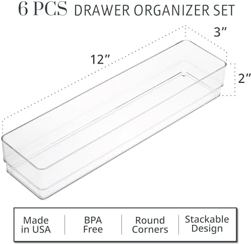STORi SimpleSort 6-Piece Stackable Clear Drawer Organizer Set | 12" x 3" x 2" Rectangle Trays | Narrow Makeup Vanity Storage Bins and Office Desk Drawer Dividers | Made in USA