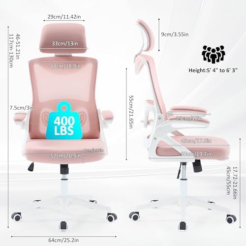 Fizzin Ergonomic Office Chair,Ergonomic Desk Chair with Headrest Mesh Computer Chair with High Back Adjustable Lumbar Support, Rolling Swivel Chairs with Wheel Armrests for Home Office(Pink)