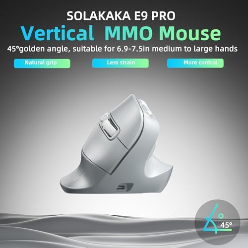 SOLAKAKA E9 PRO Ergonomic Vertical MMO Mouse with 8K Dongle, Gray-Silver