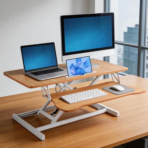 37 Inch Standing Desk Converter, Height Adjustable Desktop Standing Desk, Stand Up Riser Compatibles with 2 Computer, Stand Up Converter Laptop Workstation to 18.8" Tall, Black