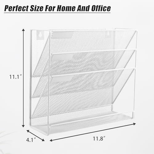 EASEPRES Desk File Organizer Mesh 4-Tier, Hanging Wall Mount Document Organization Stand, Desktop Vertical Mail Paper Folder Holder Rack with Bottom Tray for Office Home Cubicle Countertop, White