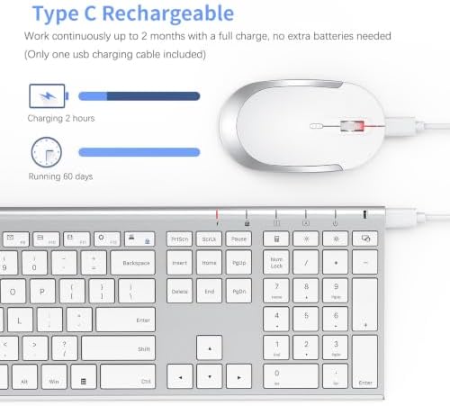Vssoplor Wireless Keyboard and Mouse, Rechargeable Ultra Slim, White Silver
