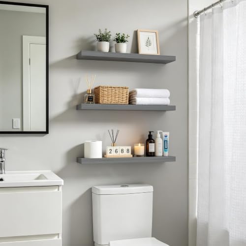 BAYKA Grey Floating Shelves 22.5in, Set of 3, Wall Mount Rustic Wood Shelf
