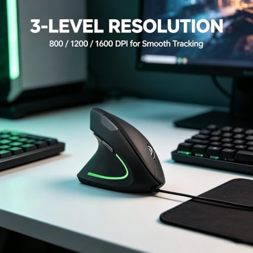 Left Handed Vertical Ergonomic Mouse, Wired for PC Laptop Mac, Plug & Play