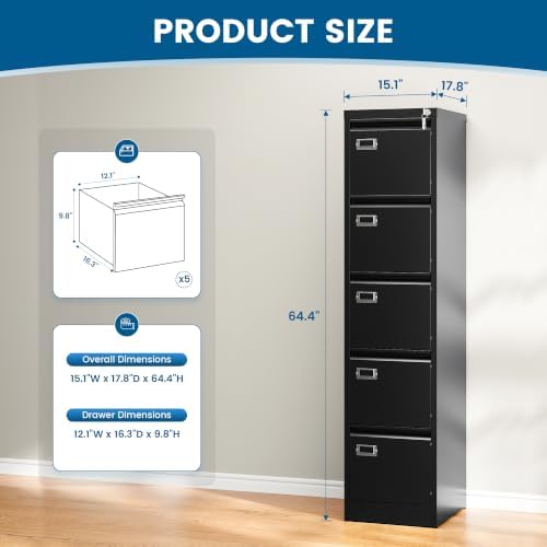 PEUKC 5-Drawer File Cabinet, 16.3" Deep Vertical Metal Filing Cabinet with Lock for Home Office, Anti-Tip 5 Storage Drawers for Letter/Legal/A4/F4 Size (Assemble Required, Black)