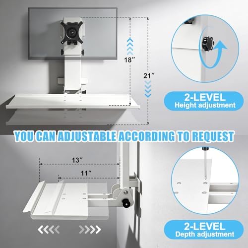 Monitor Wall Mount with Keyboard Tray and PC Wall Mount Set, Monitor and Keyboard Wall Mount Height Adjustable Fits 17"-32" Computer Screens, All in One PC Wall Mount with VESA Standard, White