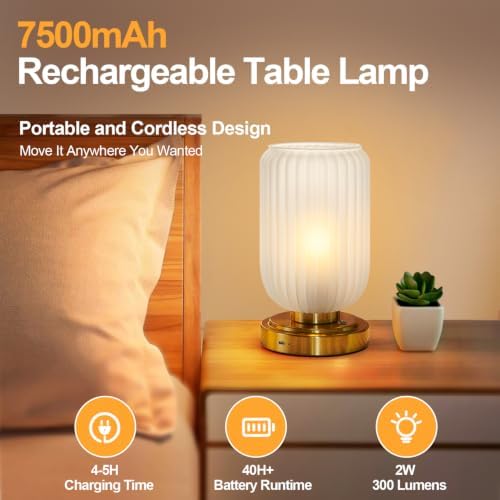 LightRound Cordless Table Lamp for Bedroom, Touch Stepless Dimmable