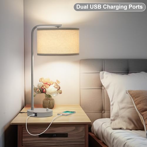 25" Tall Table Lamp with USB C+A Ports, Fully Dimmable Nightstand Lamp
