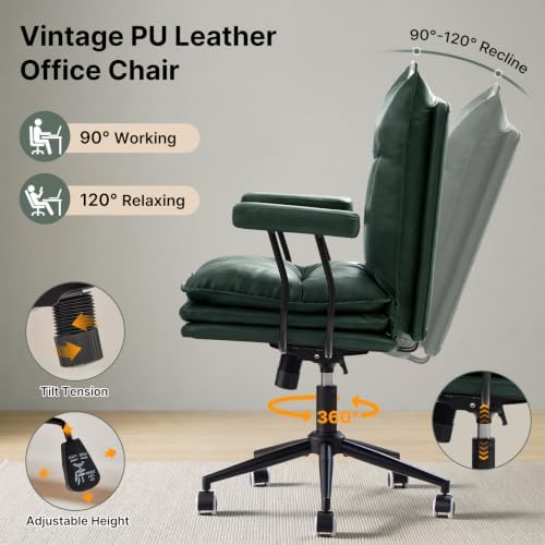Leather Office Chair,Detachable Armrests,360°Swivel Mid Century Modern
