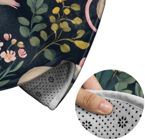 Large Home Decor Mat, Soft Round Yoga Carpet, Non Slip Machine Washable Home Office Circle Rug Green Leaves Opossum Floral