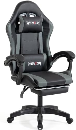 Ergonomic Gaming Chair with Footrest, Grey Black Video Game Chair w/Adjustable Headrest & Lumbar Support for Adults Kids, 360° Swivel for Home Office Bedroom Gaming Room, Grey&Black