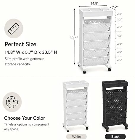 6-Tier Rolling Bookshelf Magazine Rack with Wheels White