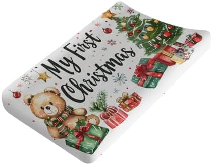 Cute Christmas Bear Trees Winter Holiday Pattern Baby Changing Pad Cover, Unisex Christmas Nursery Diaper Changing Table Pad Mat Sheet for Boys Girls-16x32