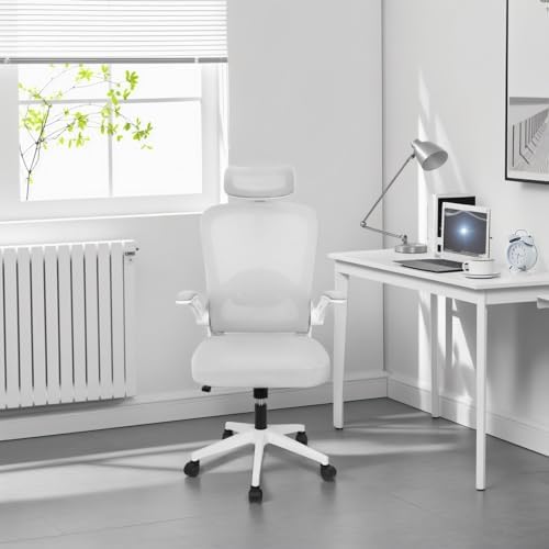 Ergonomic Office Chair,PC Gaming Chair Height Adjustable Mesh Swivel Computer Chair Desk Office Chair with Headrest Headrest Space Saving Executive Office Rolling Chair for Long Sitting White