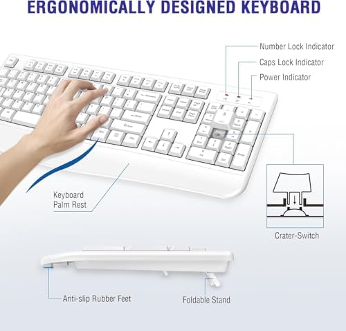 QUASIO Wireless Keyboard, 2.4G Full-Sized Ergonomic Wireless Computer Keyboard with Wrist Rest for Windows, Mac OS Laptop/PC/Desktop/Notebook(White)
