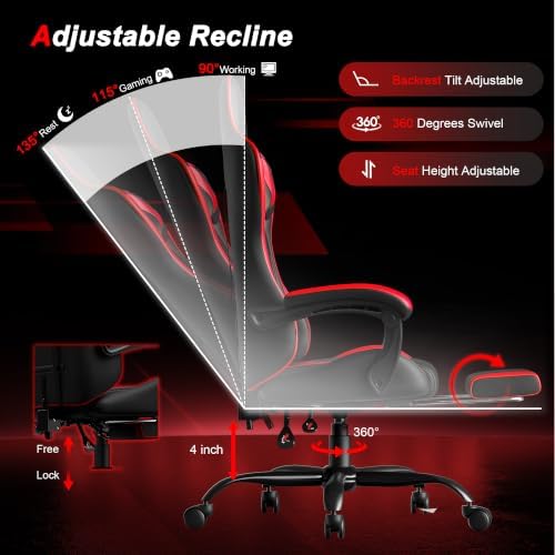 Gaming Chair, Ergonomic Computer Chair with Footrest Lumbar Support, Red