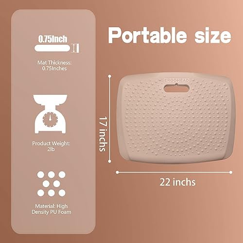 3/4 Inch Portable Anti Fatigue Standing Mat with Massage Points, Comfort Foot Standing Pad for Office Desk with Handle, Cushioned Kitchen Mat for Office & Home (Rose Gold, 17" X 22")