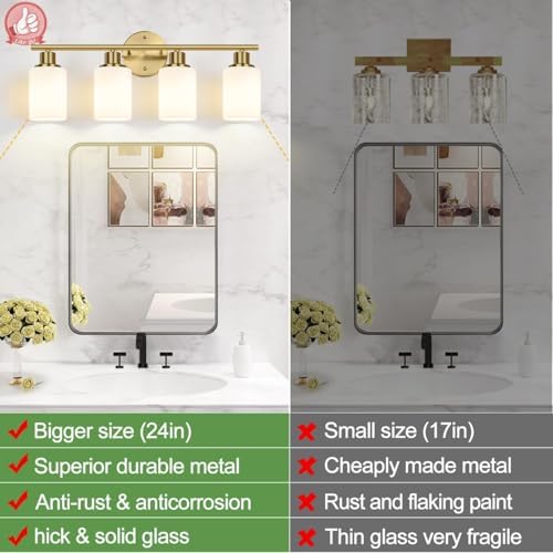Zarbitta 4-Light Bathroom Light Fixtures, Brushed Gold Modern Vanity Lights with Milky White Frosted Glass Shades, Bathroom Wall Lamp for Mirror Kitchen Living Room