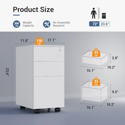 DEVAISE 3 Drawer Slim File Cabinet, Fully Assembled Except Wheels