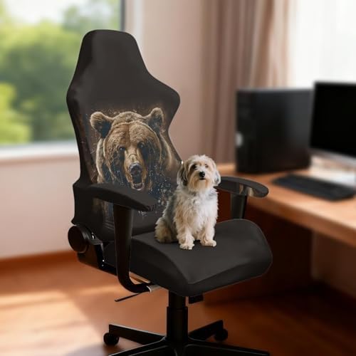 Bear Gaming Chair Cover Stretchable Game Chair Slipcovers with 2 Armrest Covers, Scratch-Proof Gamer Desk Chair Covers for Computer Office Seat