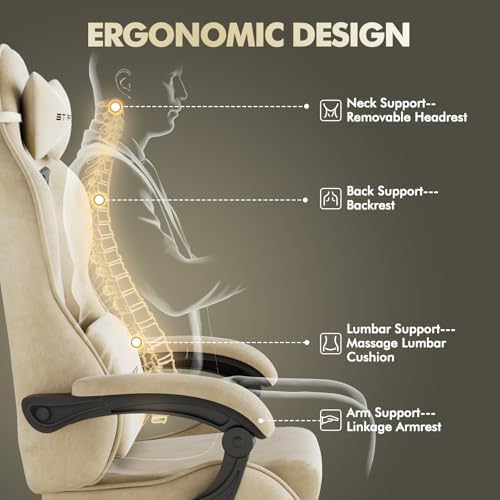 Soontrans Beige Velvet Gaming Chair with Footrest, Ergonomic Reclining Computer Desk Chair, Massage Lumbar Cushion & Headrest, Comfortable Video Game Chair for Adults