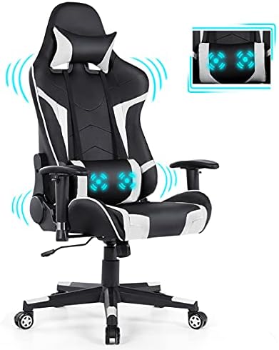 GYMAX Gaming Chair, Massage Gaming Chairs for Adults with Headrest, Lumbar Support & Armrest, Video Computer Reclining Gaming Chair, Office Desk Gamer Task Chair (White)
