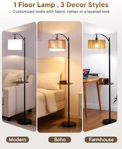PESRAE Rattan Floor Lamp for Living Room, Farmhouse Arc Standing Lamp