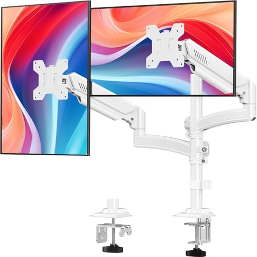 Dual Monitor Stand for 2 Screens up to 32 inch, Vertical Stacked Dual Monitor Mount, Full Motion Adjustable Tall Double Monitor Desk Mount, Each Arm Holds 4.4-22lbs, VESA 75/100mm, White, Freelift