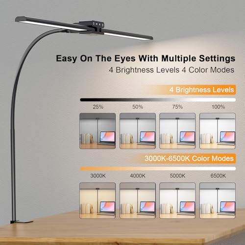 24W Led Desk Lamps with Clamp for Office Home, 31.5-in Double Head, Black