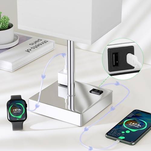 17.4" White Touch Table Lamp for Bedroom - Dimmable, USB C+A, 2 AC Outlets