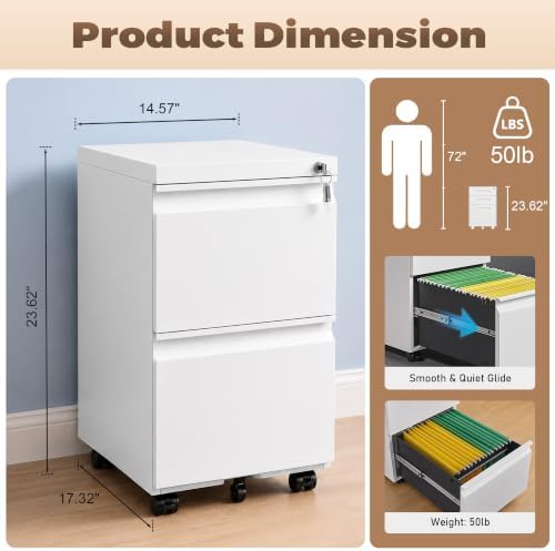 Guizeeopo Fully Assembled 2 Drawer File Cabinet, Locking Filing Cabinet with Anti-Tipping Wheels, Quiet Slide, Heavy-Duty Steel Construction, Fits A4 Letter Legal for Home Office, Matte White