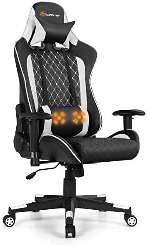Goplus Massage Gaming Chair, Reclining Backrest Handrails and Seat Height Adjustment Racing Computer Office Chair, Ergonomic High Back Embroidered PU Swivel Game Chair with Headrest and Lumbar Cushion