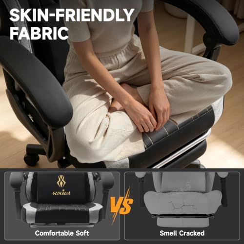 SUKIDA Computer Gaming Chair - Fabric Video Game Chairs with Footrest and Lumbar Support Swivel Comfy Linkage Armrests Gamer Chairs Home Desk Chair for Adults, Black&Grey