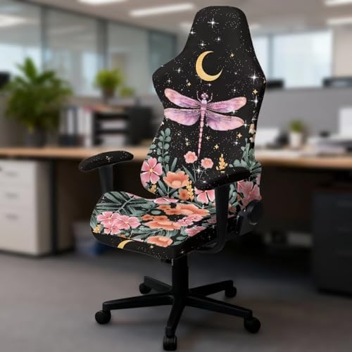 Dragonfly Floral Moon Print Gaming Chair Cover with Armrest Covers Stretchable Stain Resistant Furniture Protector Soft Reclining Racing Gaming Chair