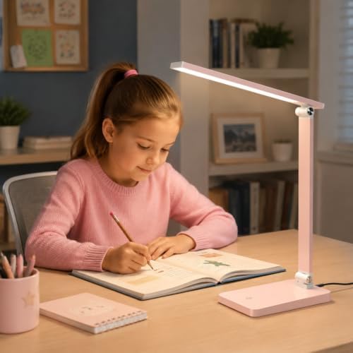 LED Desk Lamp for Home Office, 3 Levels Dimmable Desk Light with USB Charging Port, Reading Lamp for Table Study Work Office Nail Craft Puzzle, Pink, 5000K