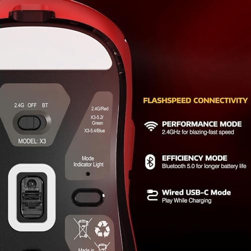 ATTACK SHARK X3 49g Ultra-Lightweight Wireless Gaming Mouse, Red&Tape