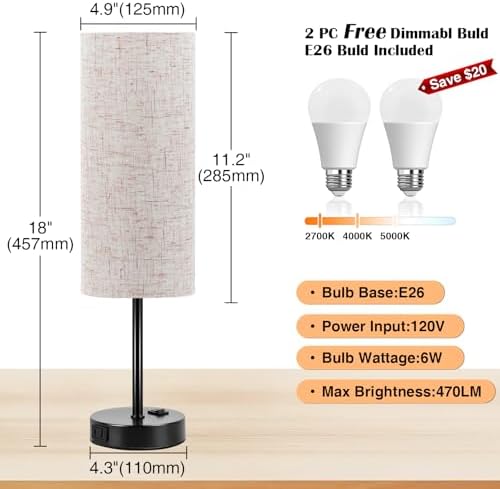 ZJOJO Table Lamp for Bedroom 2 Pack,18in Bedside Lamps with 3 Way Dimmable Rocker Switch & AC Outlet,Nightstand Desk Lamp with Flaxen Fabric Shade Black Base for Living Room Home Decor Lights