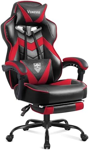 Vonesse Gaming Chair, High Back Gaming Chair with Footrest and Massage, Gaming Chairs for Adults with Pocket Spring Cushion, Big and Tall Reclining Computer Chair with Lumbar Support (Red/Black)
