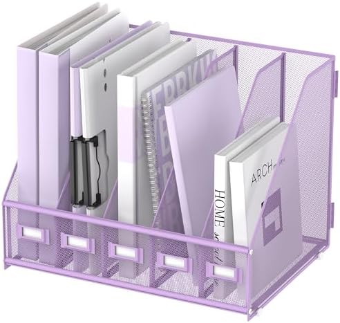 SUPEASY Desk Organizers Metal Desk Magazine File Holder with 5 Vertical Compartments Rack File Organizer for Office Desktop, Classroom, Home Workspace, Purple