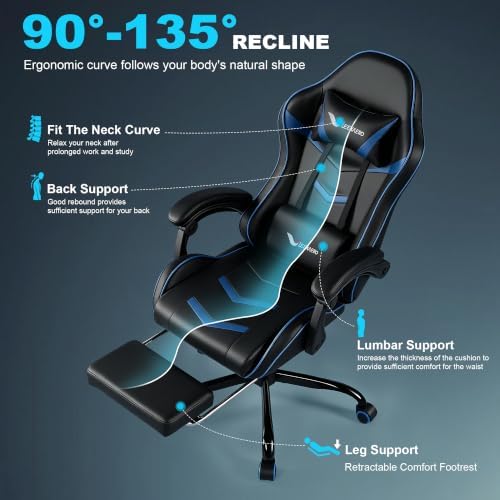 Gaming Chair for Adults with Pocket Spring Cushion Footrest Blue and Black