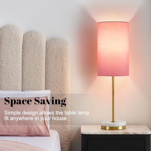 Luvkczc Minimalist Table Lamp Set of 2, Nightstand Lamp for Bedroom Living Room, Modern Pull Chain Bedside Lamp with Marble Base, Fabric Shade, Small Desk Lamp for Home, Office, Reading,Pink