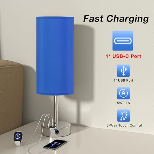 Blue Touch Table Lamp for Bedroom - Bedside Desk Lamp for College Dorm