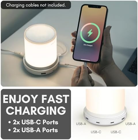Macally Small Bedside Lamp with USB Ports (USB C + A) - Fast Charging Bedside Light and 3 Way Dimmable Touch Lamp for Nightstands - Great as a Night Light and Charger for Bedrooms