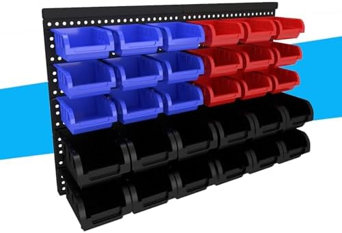 30Pcs Plastic Wall Mounted Storage Bins Parts Rack Nuts And Bolt Bins Organizer For Shop Garage for Screws, Nuts, Bolts, Nails, Beads, and Small Hardware Parts(RED+BLUE+BLACK, 30)