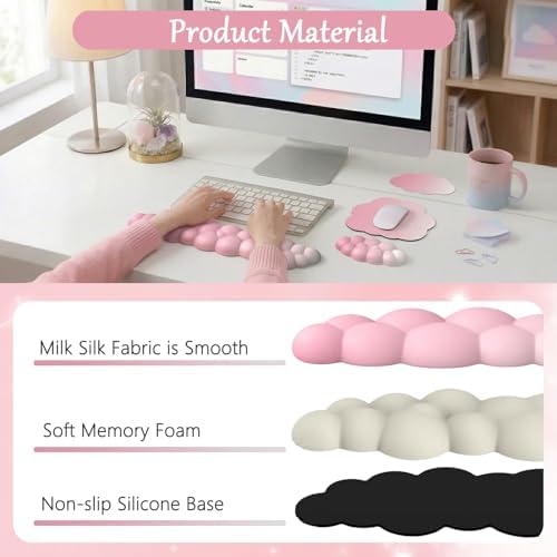 Cloud Mouse Pad Keyboard Wrist Rest for Mouse 4PCS Mini Small Desk Mat Pad Set Memory Foam Non-Slip Cute Ergonomic Gaming Mouse Wrist Support for Computer Home Office Gradient Pink