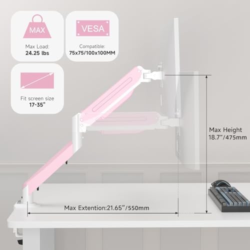 Suptek Monitor Mount Gas Spring Monitor Arm Desk Mount Fully Adjustable Fits 17 20 22 23 24 26 27 32 35 inch Monitors Weight Capacity up to 24.25 lbs, Pink