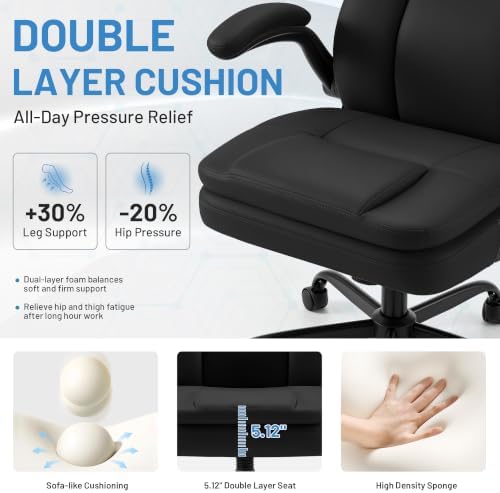 Ergonomic PU Leather Office Chair with Double-Layer Seat Cushion, Adjustable Armrest and Headrest, Reclining Backrest 360° Swivel Rolling Computer Desk Chair for Home Office Gaming Space, Black