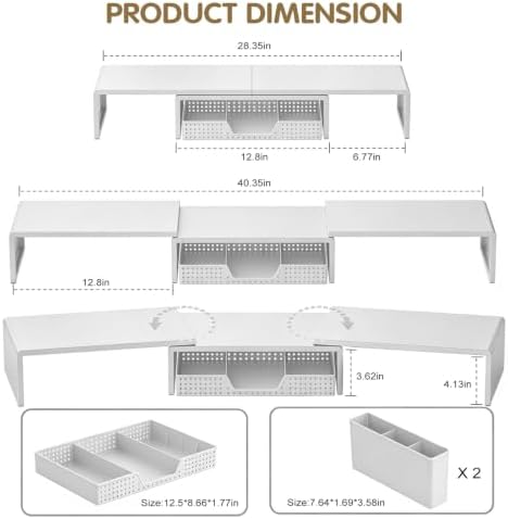 LEKETREE Dual Monitor Stand Riser with Drawer and 2 Pen Holders, White