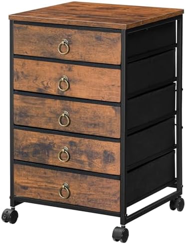 HOOBRO 5-Drawer Chest, File Cabinet, Office Cabinet with Drawers, Rolling Printer Stand for Living Room, Home Office, Nonwovens Drawer, Easy Assembly, Rustic Brown BF50WJ01